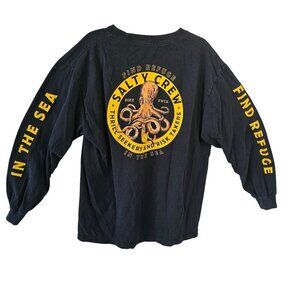 Salty Crew Long Slv Graphic Tee Unisex Sz L Cotton T-Shirt Yellow on Navy Blue